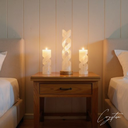 Pack Spirale de Sélénite - Lampe & 2 Bougeoirs